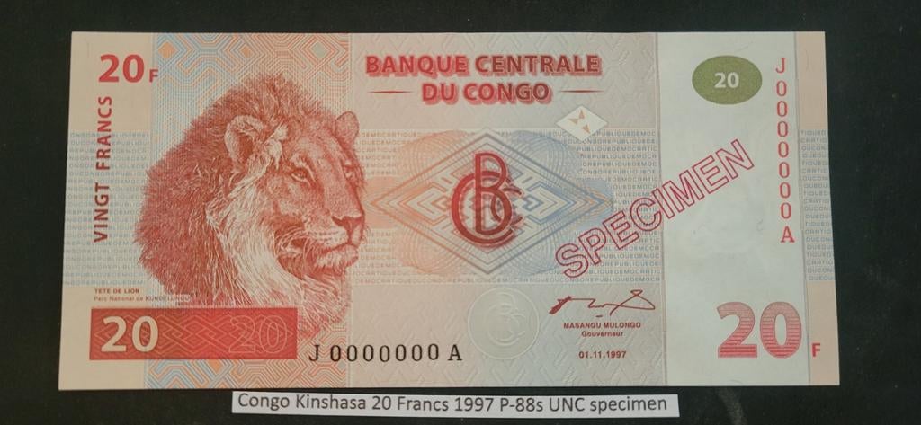 Congo Kinshasa 20 Francs 1997 P-88S UNC specimen, Postzegels en Munten, Bankbiljetten | Azië, Ophalen of Verzenden
