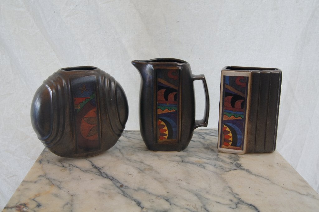 Set van 3 Art Deco Keramische Vazen en Kan, Ophalen of Verzenden