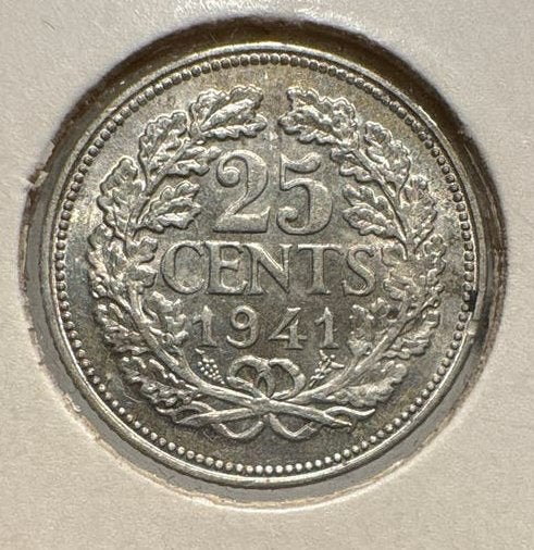 25 Cent Nederland 1941 Koningin Wilhelmina Zilver, Postzegels en Munten, Munten | Nederland, Zilver, 25 cent, Ophalen of Verzenden