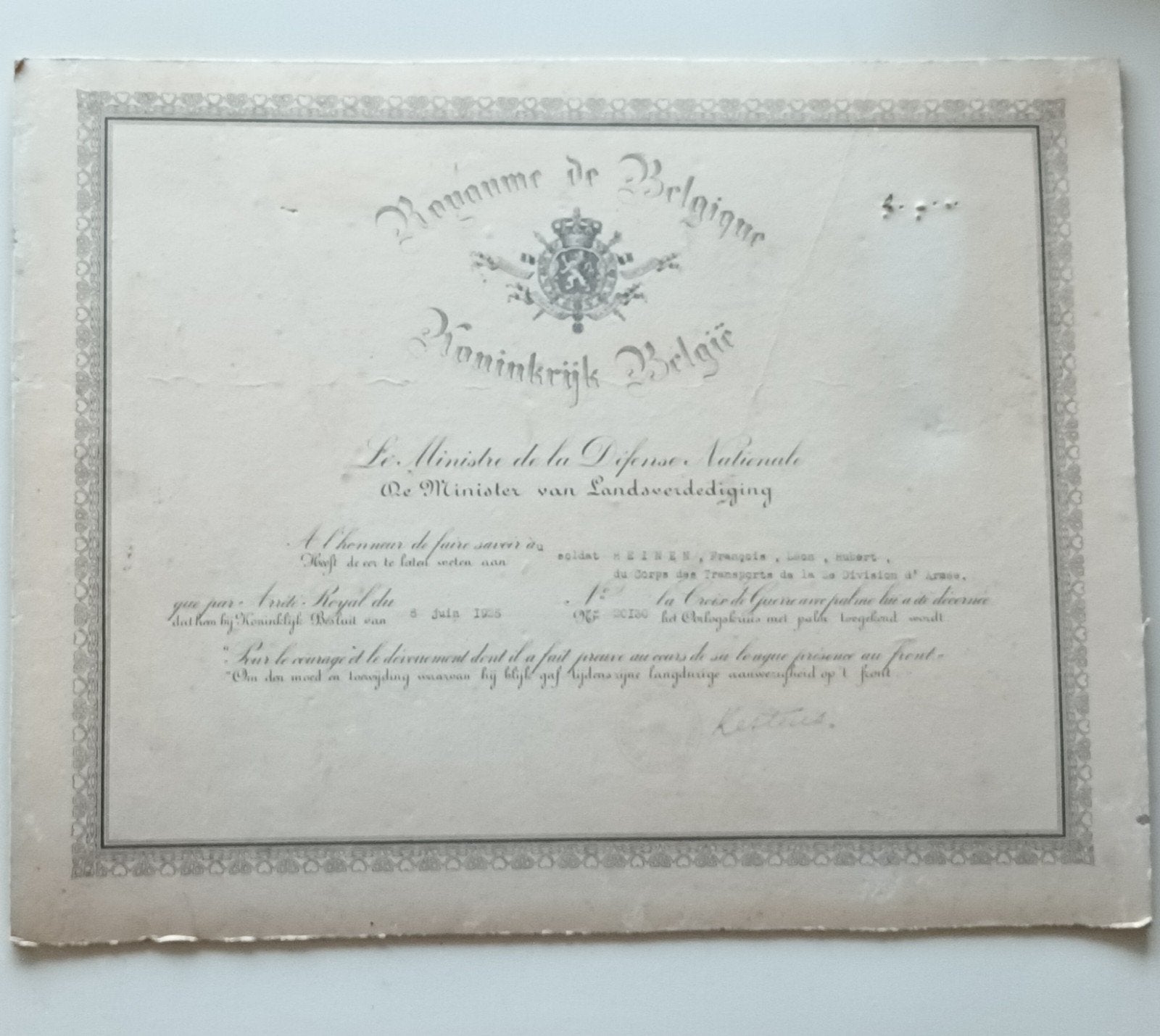 Belgisch militair document - Croix de Guerre, Ophalen of Verzenden, Landmacht, Overige gebieden, Foto of Poster