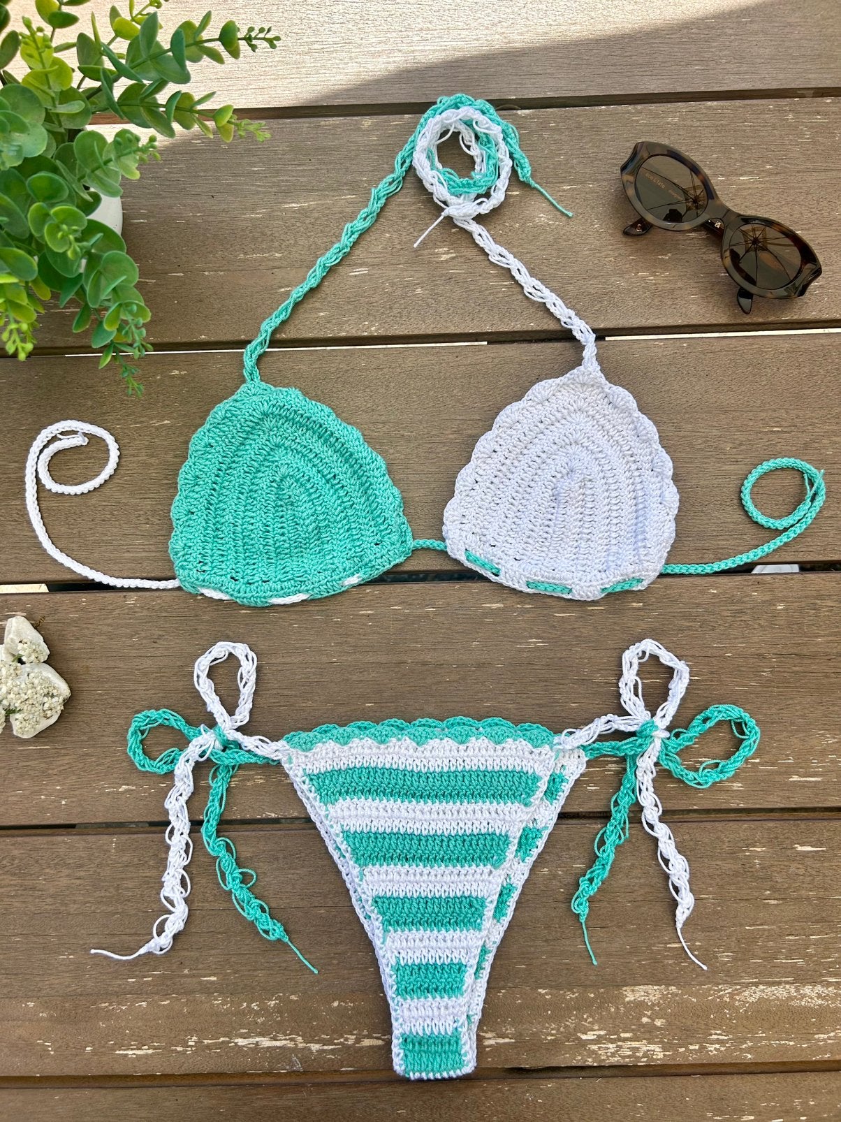 Crochet bikini turqoise/wit, Ophalen of Verzenden, Nieuw, Wit, Bikini