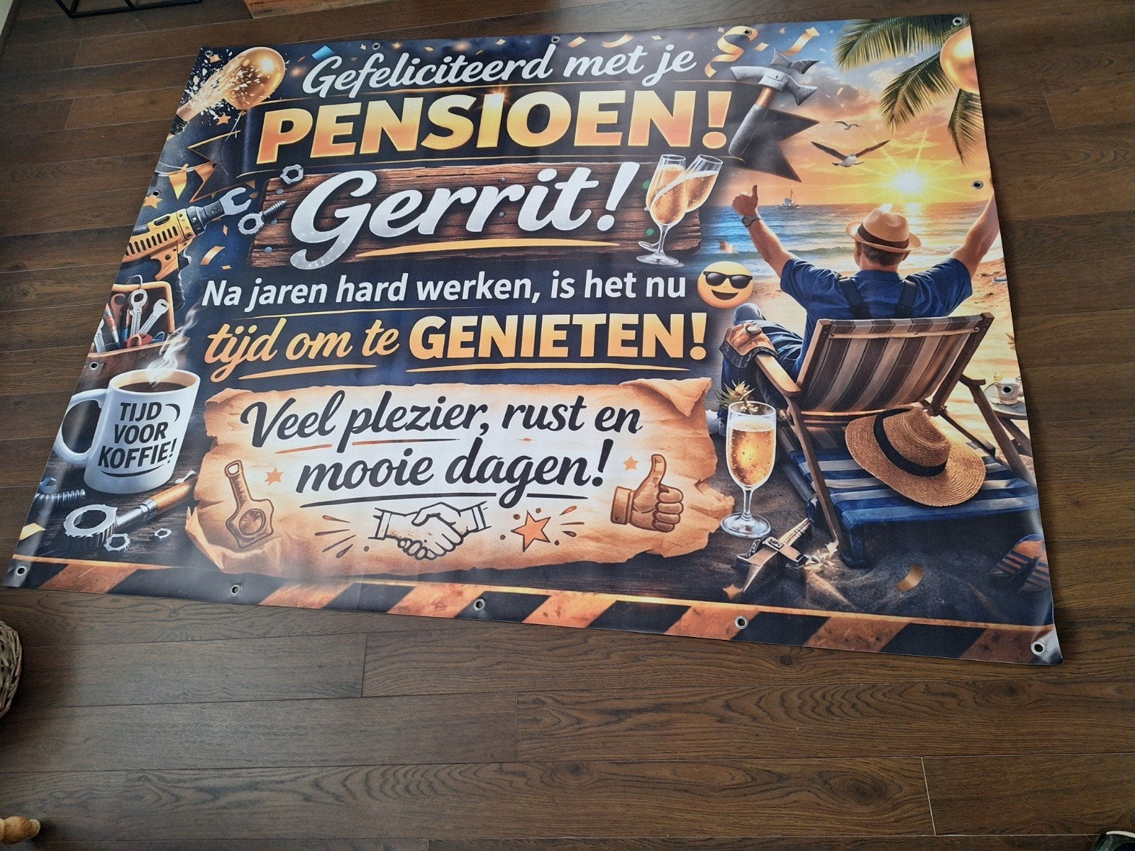 Gefeliciteerd met je Pensioen! Gerrit! Spandoek, Ophalen, Nieuw