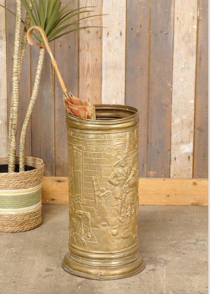 Brocante messing paraplubak met reliëf en kroegtafereel, Ophalen of Verzenden