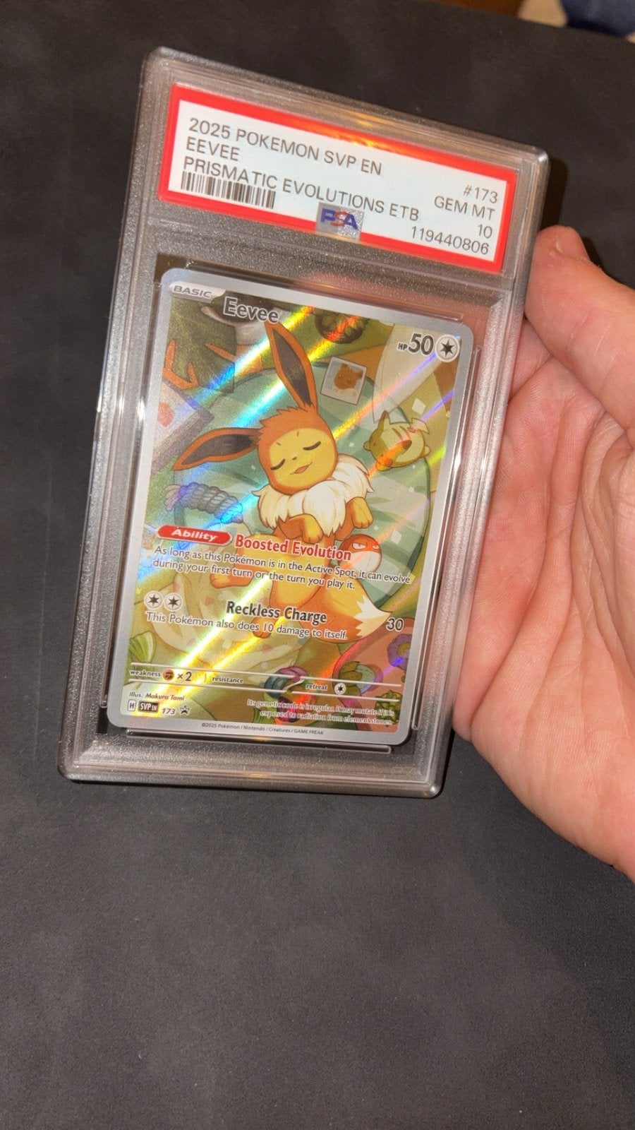 Psa 10 eevee prismatic evolutions promo 173 ETB pokemon, Ophalen of Verzenden, Zo goed als nieuw