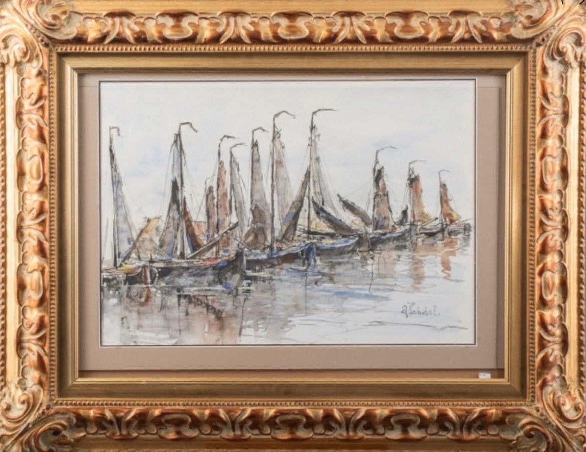 Volendam A. Schotel - haven, Maritiem / water, Realistisch, Ophalen of Verzenden, Gesigneerd