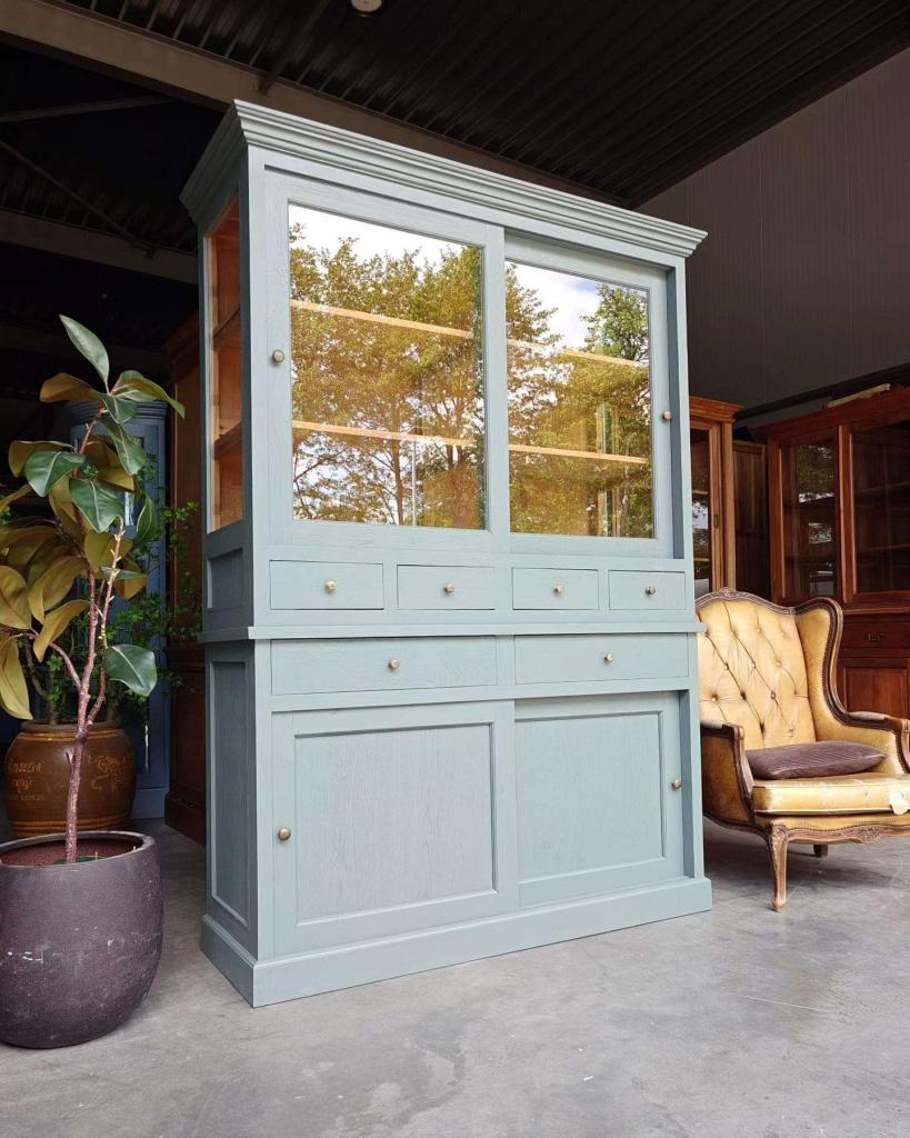 Prachtige schoolkast  | Blauw/grijze buffetkast #0416, Niet ingevuld, Glas, Met deur(en), 200 cm of meer