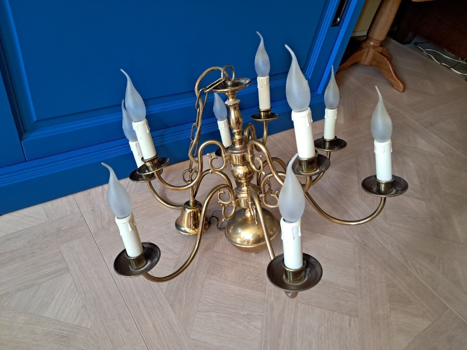 Klassieke messing kroonluchter met 9 armen, Ophalen, Gebruikt, E14 (klein), Klassiek, Antiek, Barok