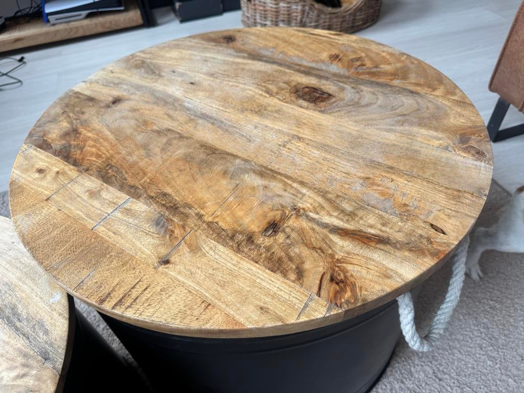 Set van 2 salontafels Bjarne - antraciet met houten blad, Ophalen, Rond, 50 tot 100 cm, Zo goed als nieuw