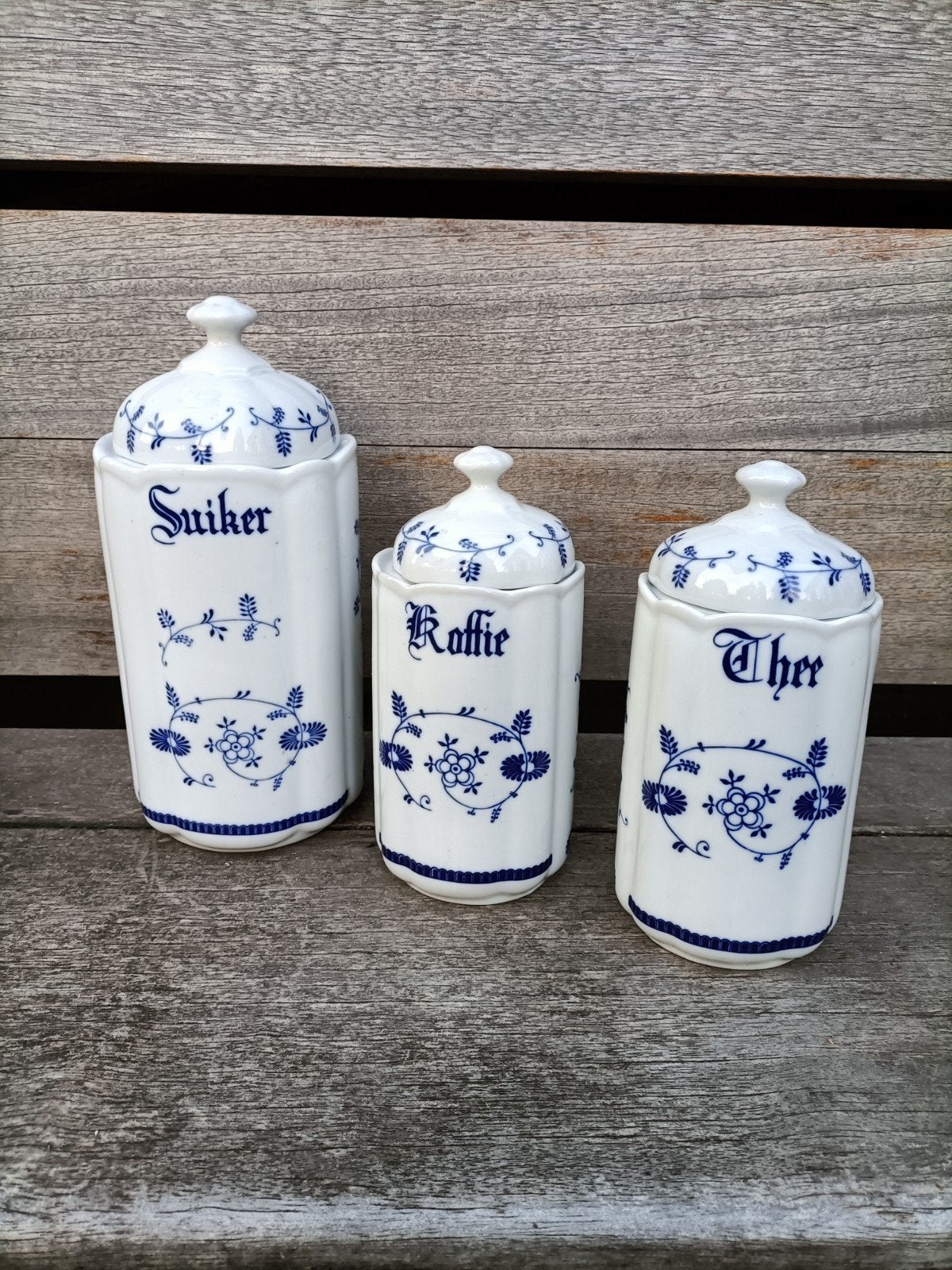 Vintage blau saks voorraadpotten. Koffie suiker thee., Ophalen