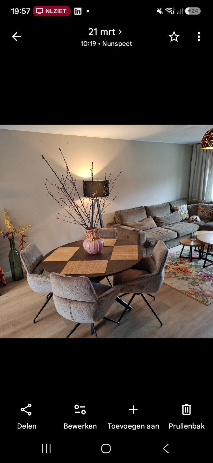 Mango houten eettafel mét 4 champagne kleur stoelen!, Ophalen, Gebruikt, Rond, Vier personen