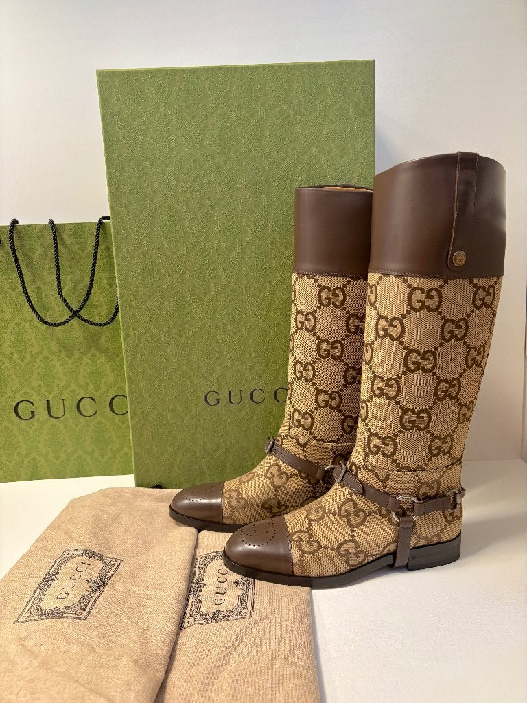 GUCCI bruin canvas monogram NIEUW (horse riding) boots 41, Hoge laarzen, Bruin, Nieuw, Ophalen of Verzenden