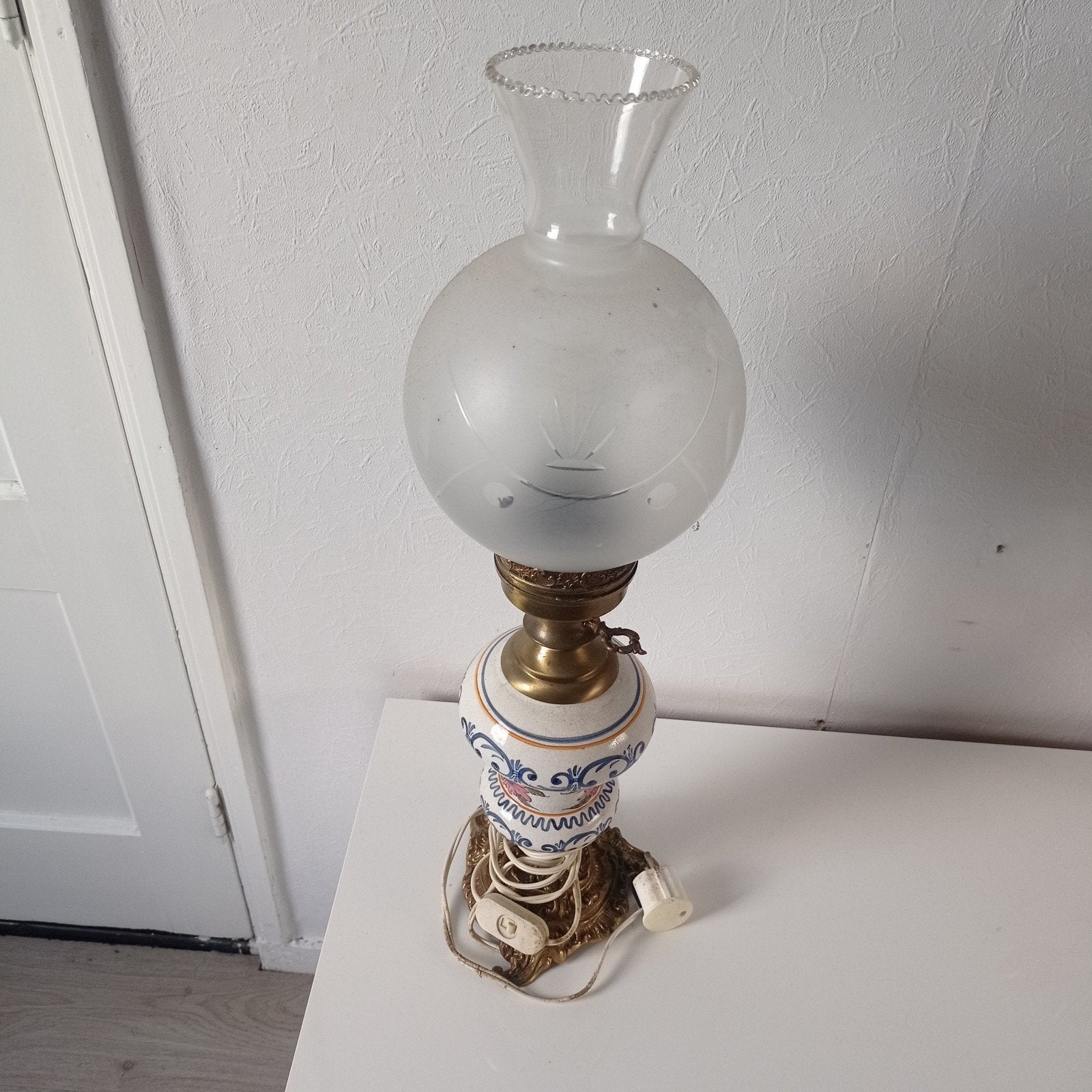 Antieke brons en keramiek tafel lamp 60 cm, Antiek en Kunst, Antiek | Lampen, Ophalen of Verzenden
