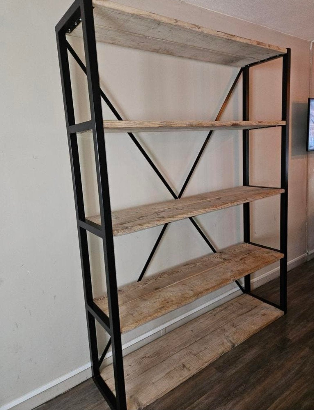 Industriële Stalen Kast met Steigerhouten Planken, Met plank(en), Gebruikt, 200 cm of meer, 150 tot 200 cm