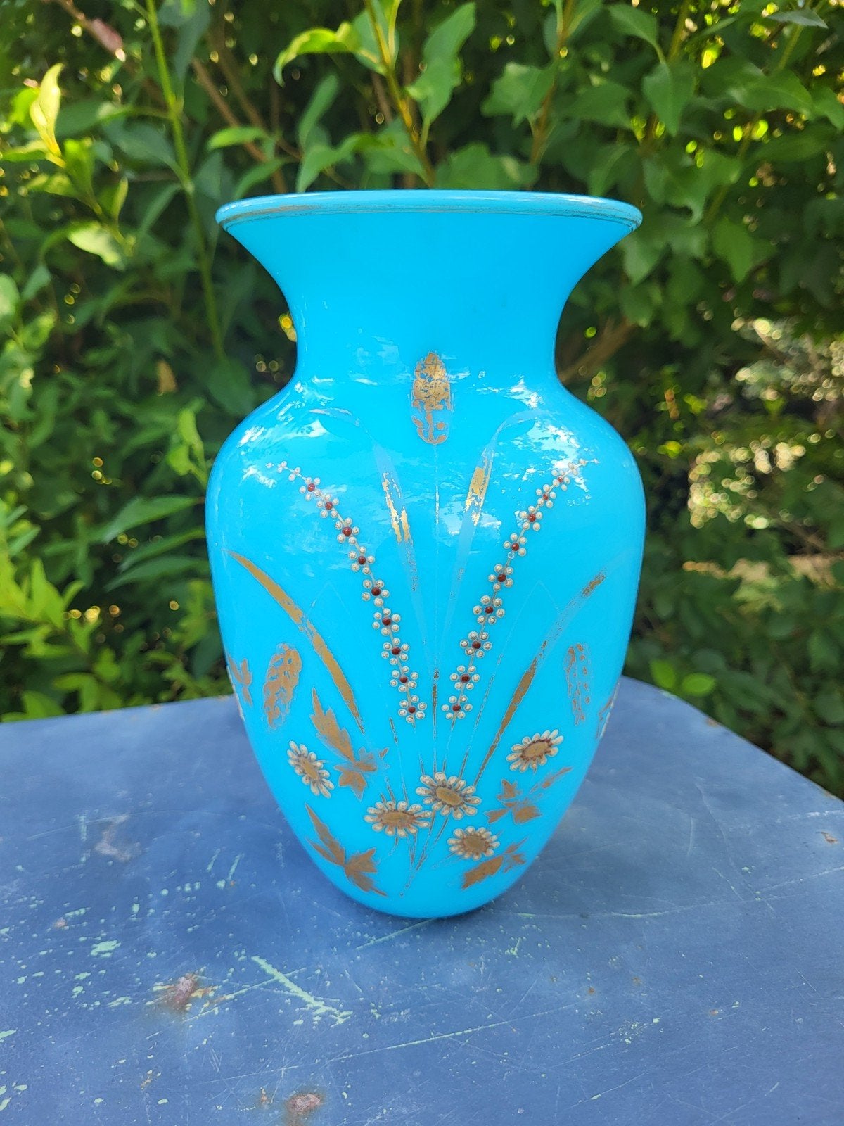 Franse brocante blauwe opaline vaas  / allegonda, Ophalen of Verzenden