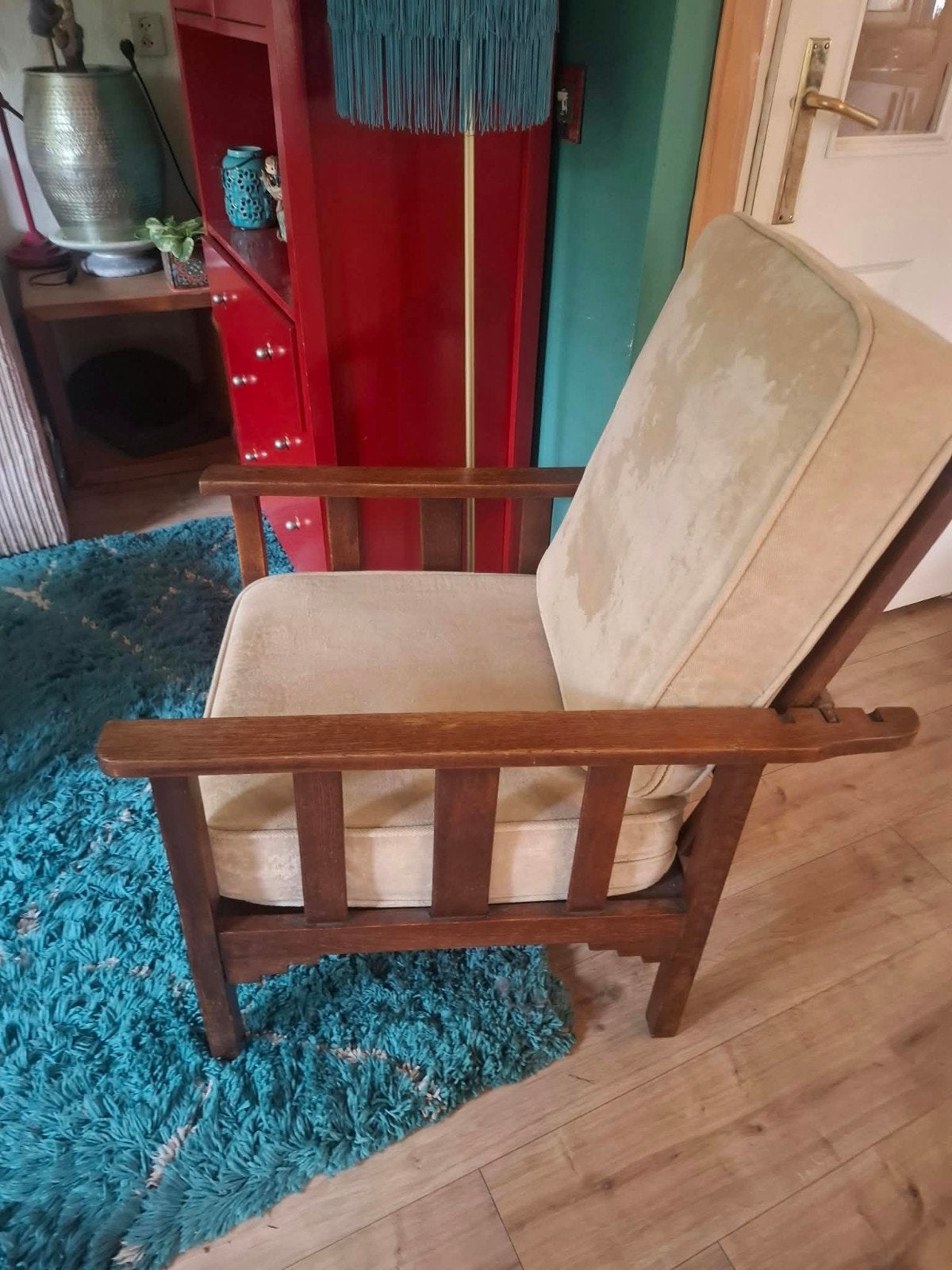 Vintage houten fauteuil (rookstoel, verstelbaar) met beige, Ophalen, Hout, Gebruikt, Overige kleuren