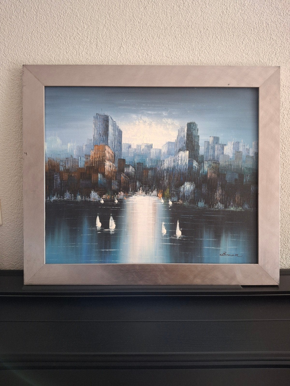 Abstracte olieverf schilderij stadsgezicht scène., 50 tot 75 cm, Ophalen of Verzenden, Zo goed als nieuw, Schilderij
