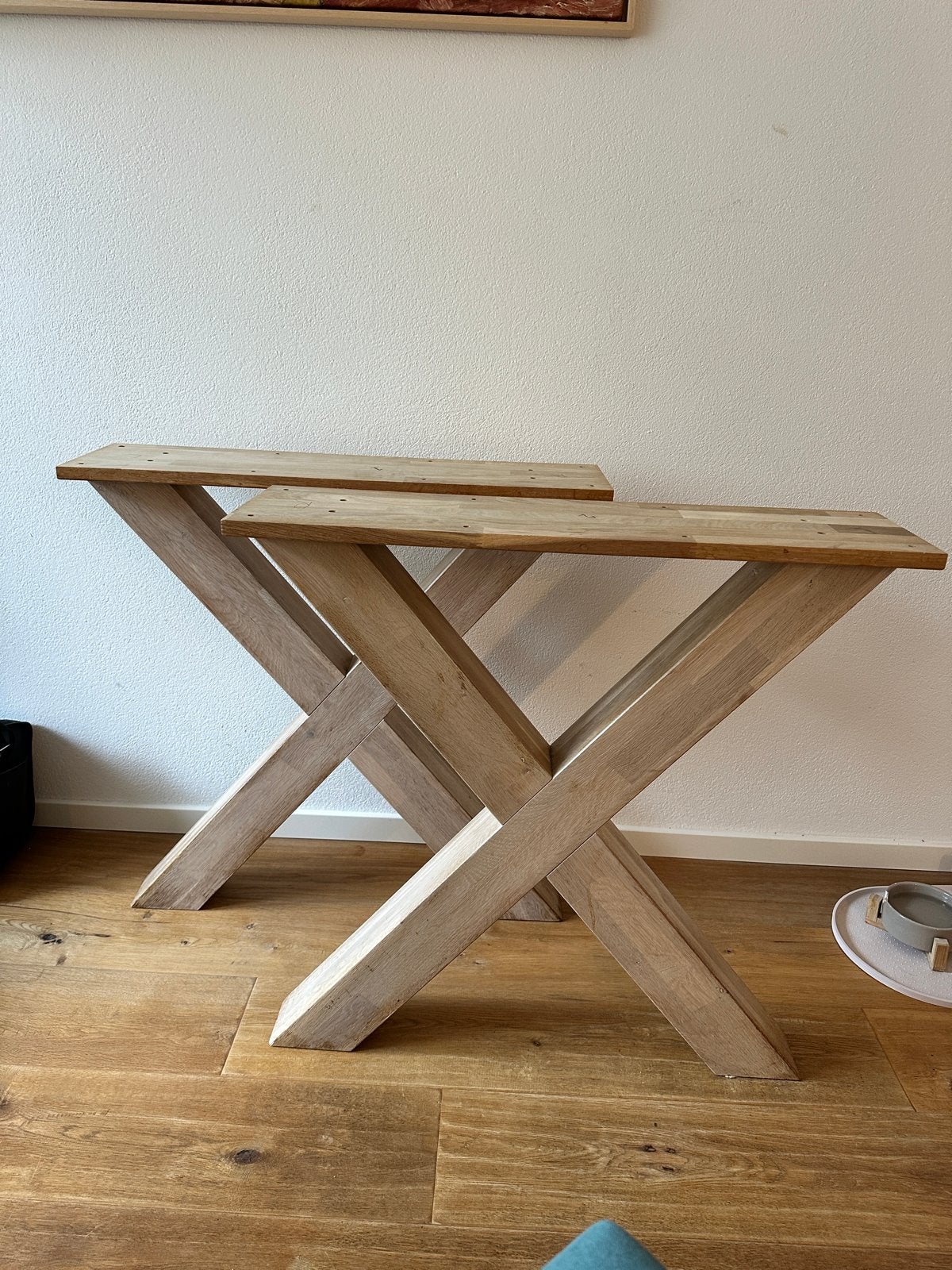 Massief houten tafelpoten 75x75x20cm licht gebeitst, Tafelpoot, Gebruikt, 50 tot 100 cm, Ophalen of Verzenden