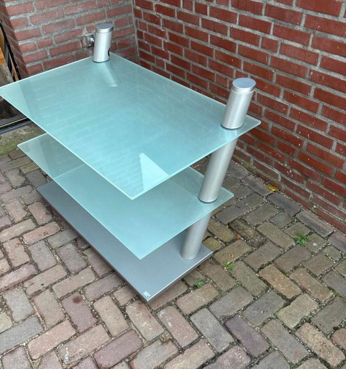 Lourens Fisher TV meubel met melkglas platen, Ophalen, Gebruikt, Rechthoekig, Glas