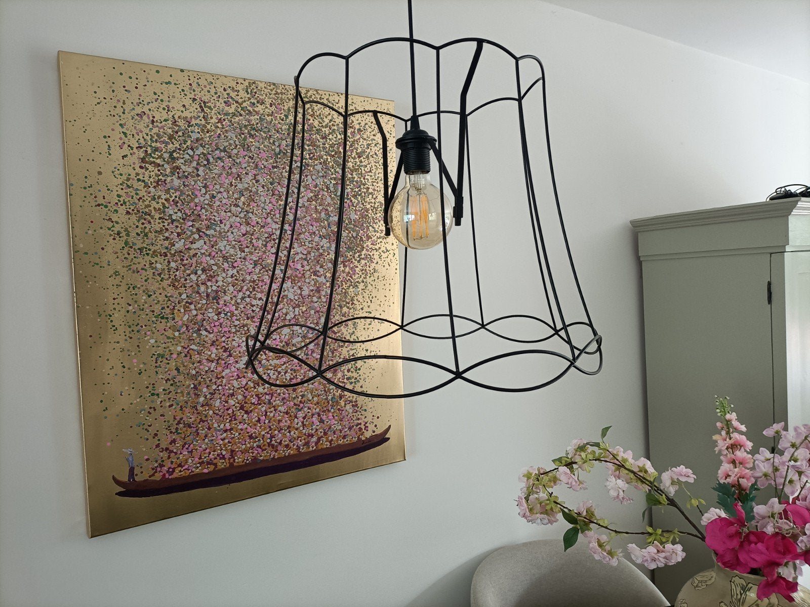 Zwarte draad hanglamp - 40 cm hoog, Huis en Inrichting, Lampen | Hanglampen, Ophalen, Gebruikt, E27 (groot), Modern industrieel