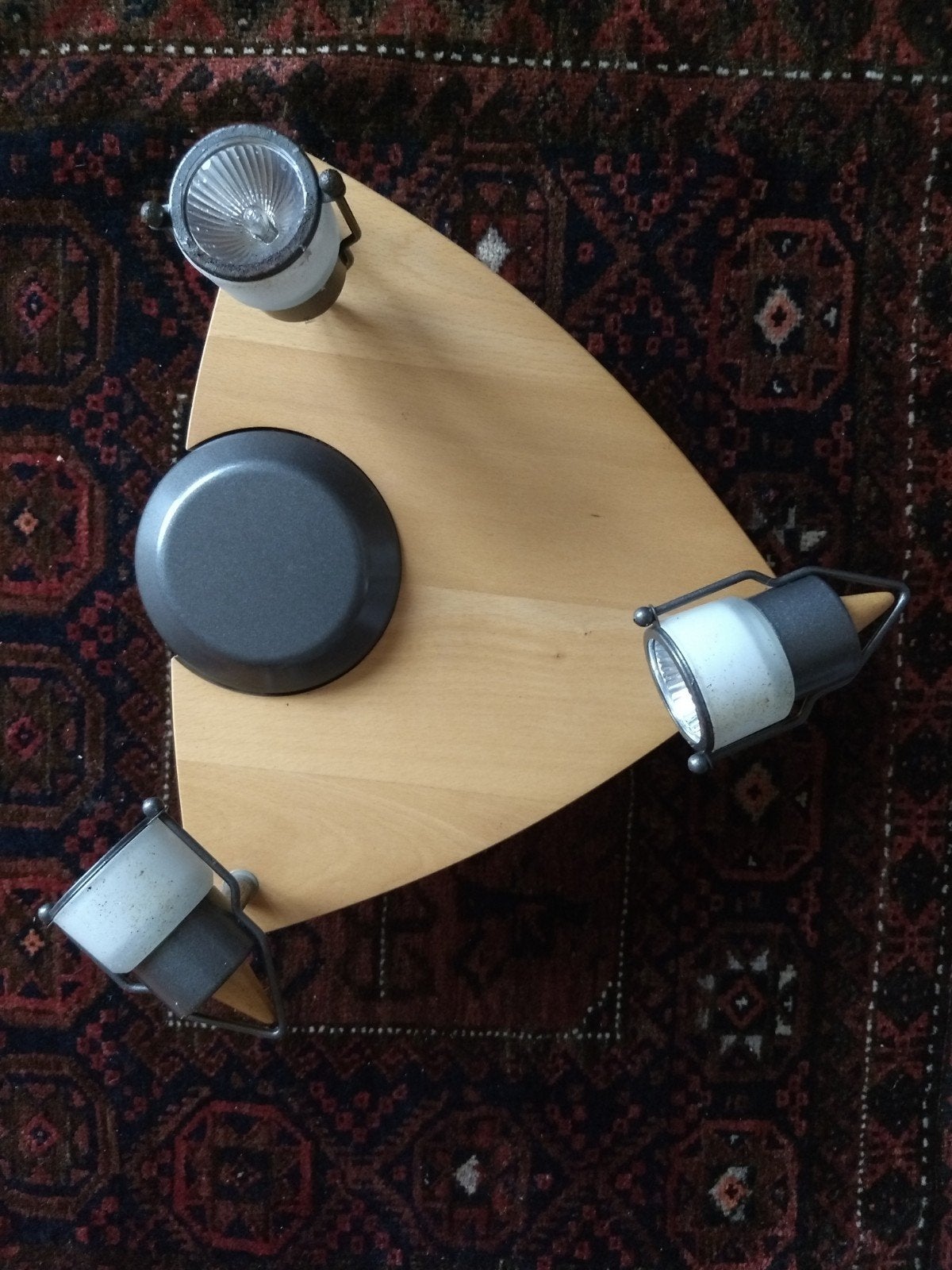 Lamp met drie spots op houten bord, Ophalen of Verzenden, Glas, Minder dan 50 cm