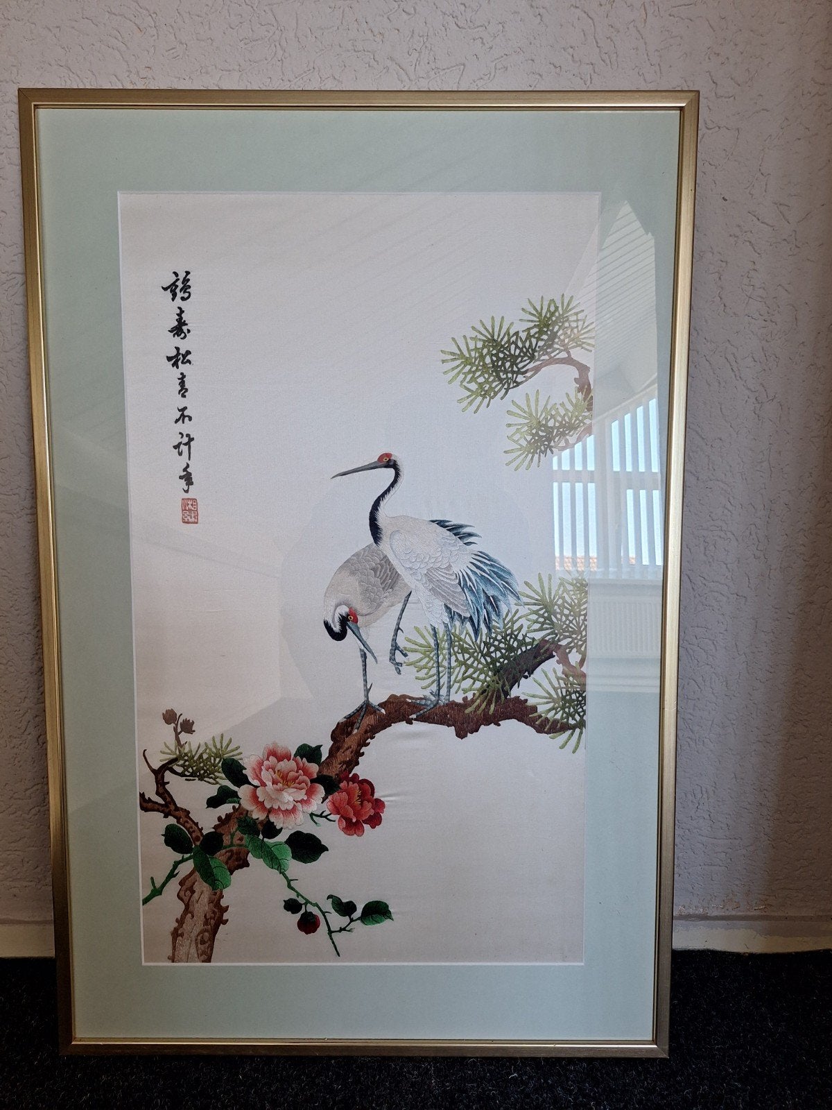 Ingelijst Chinees borduurwerk met kraanvogels satijnen doek, Ophalen