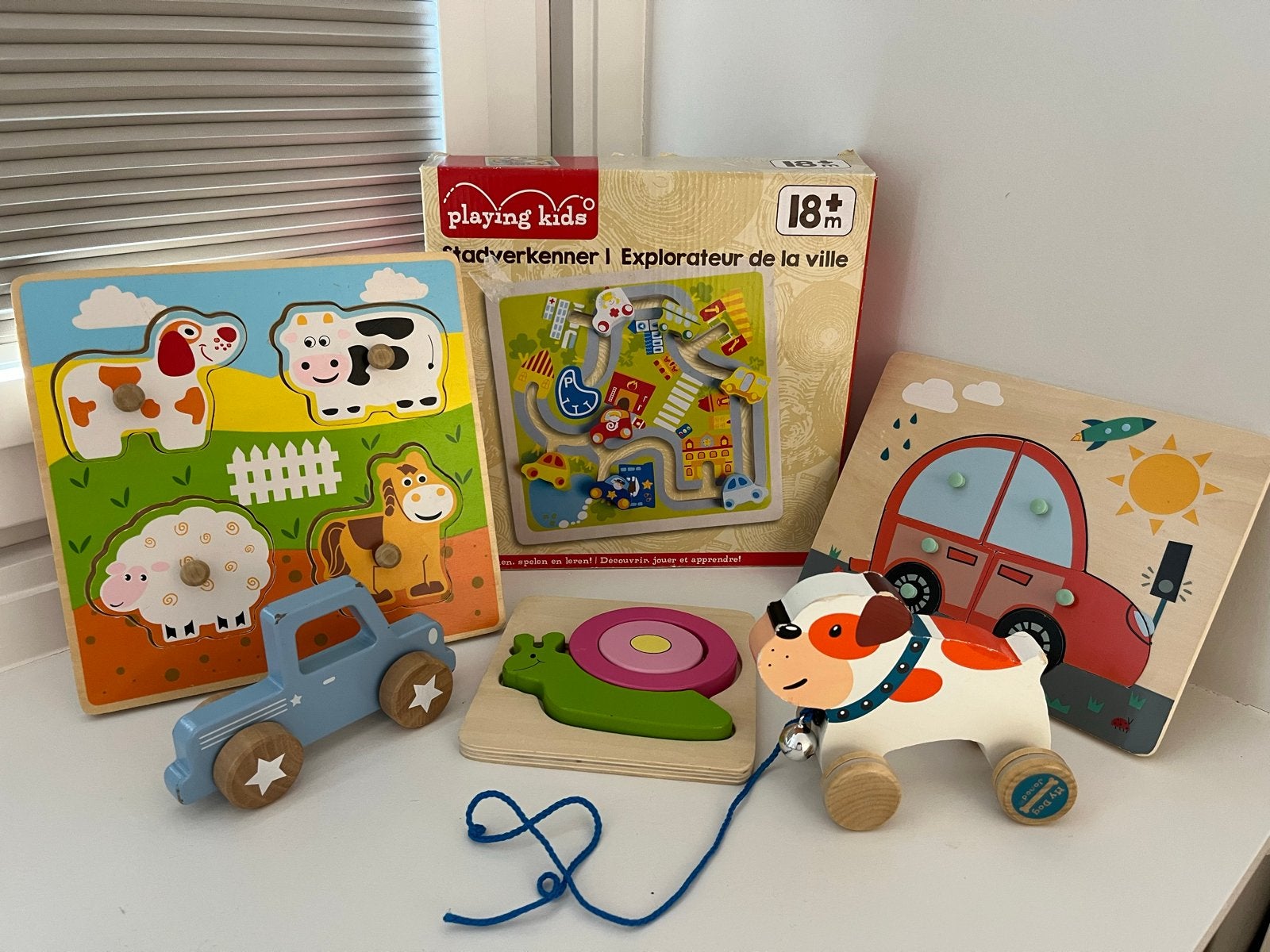 Leuk speelgoed pakket: puzzels en houten speelgoed, Ophalen of Verzenden, Gebruikt, Overige typen, Met wieltjes
