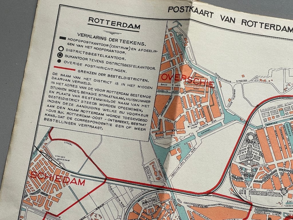 Plattegrond Rotterdam grenzen v.d. PTT-besteldistricten., Boeken, Atlassen en Landkaarten, Ophalen of Verzenden, 1800 tot 2000