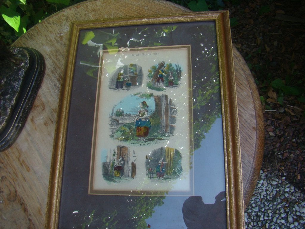 antieke hand ingekleurde prent roodkapje in topstaat., Verzamelen, 1960 tot 1980, Gebruikt, Ophalen of Verzenden, Prent
