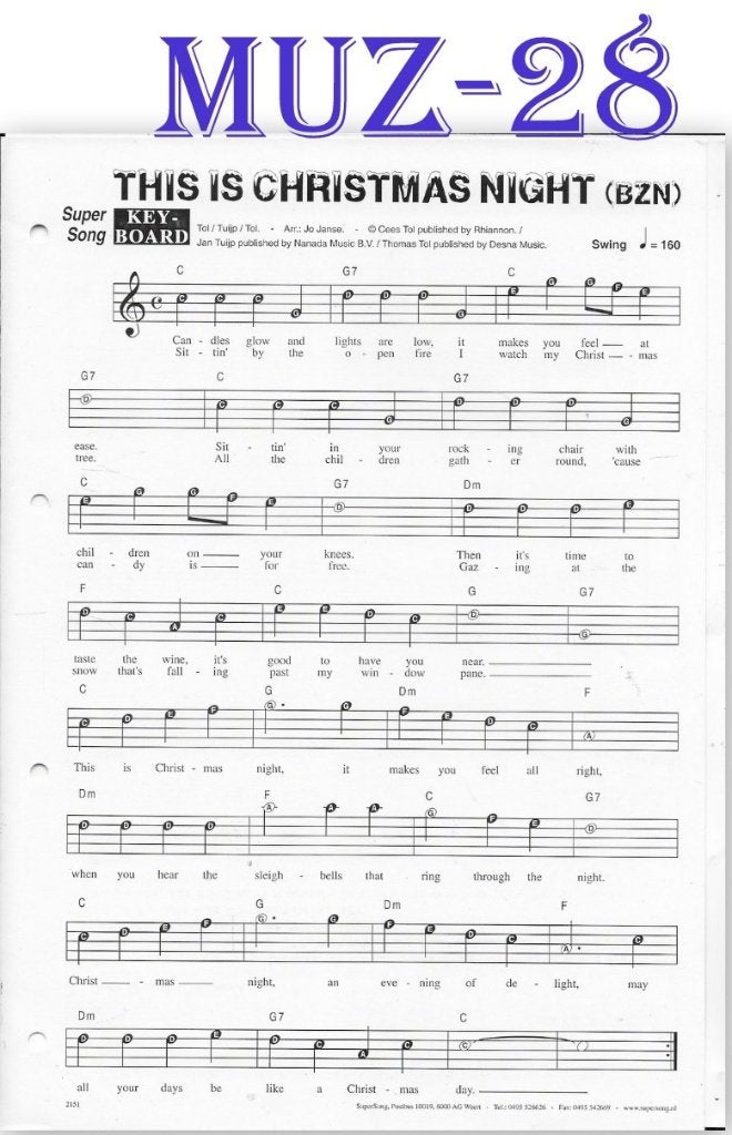 Muz28 Bladmuziek Super song This is Christmas Night ( BZN ), Muziek en Instrumenten, Gebruikt, Ophalen of Verzenden, Artiest of Componist