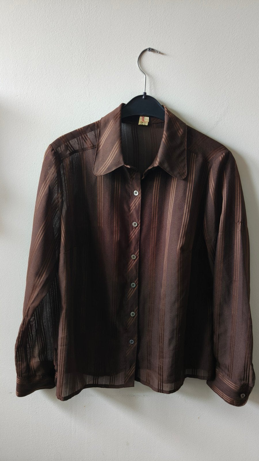 Vintage bruine gestreepte blouse, Bruin, Maat 42/44 (L), Ophalen of Verzenden, Gedragen