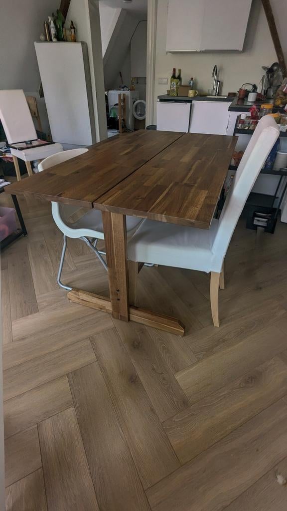 Mooie houten tafel - eettafel of bureau, incl. 4 stoelen, Ophalen, 100 tot 150 cm, 50 tot 100 cm, Zo goed als nieuw