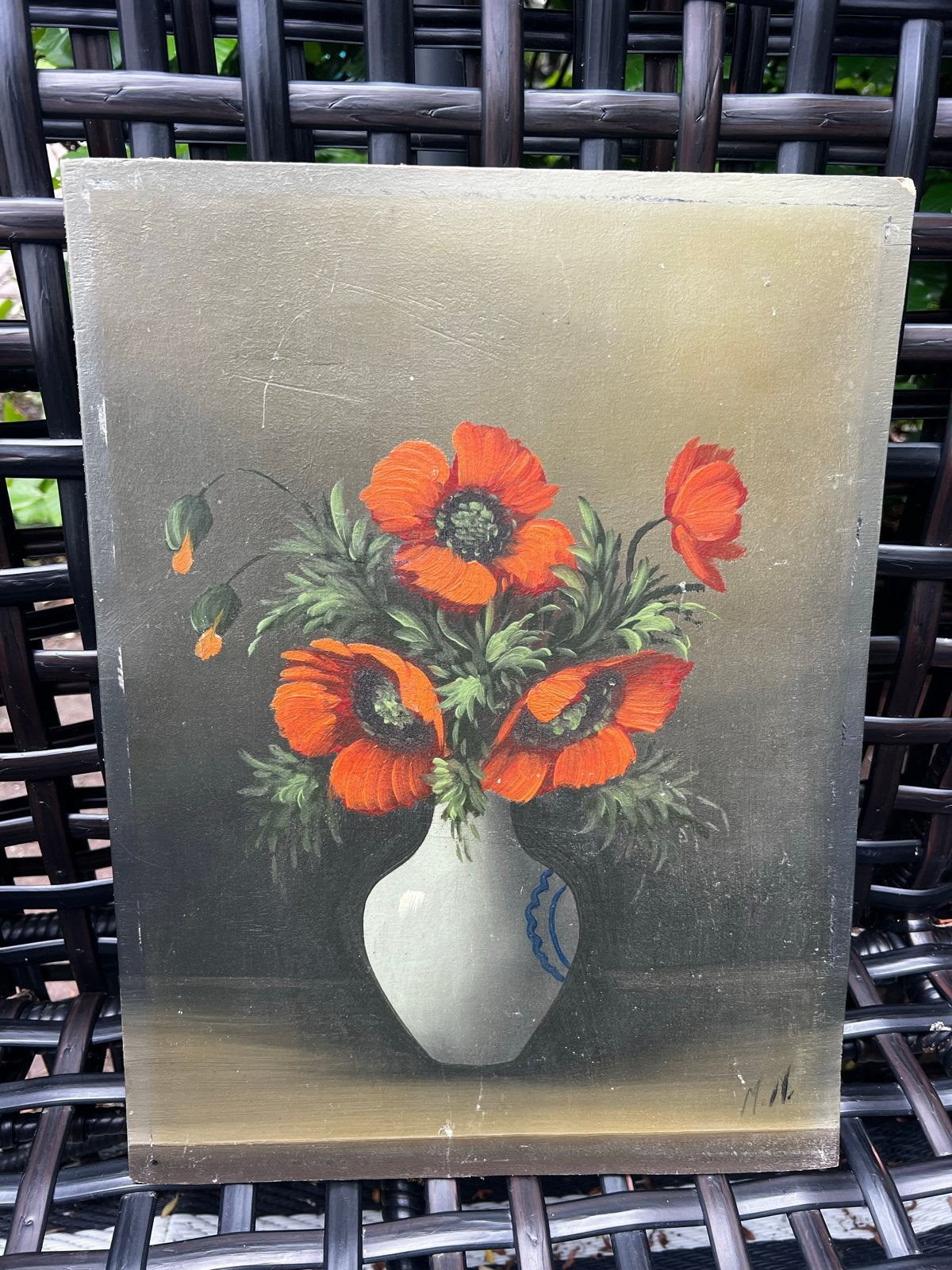 Vintage Schilderij Klaprozen in Vaas - Olieverf op Paneel, Ophalen of Verzenden
