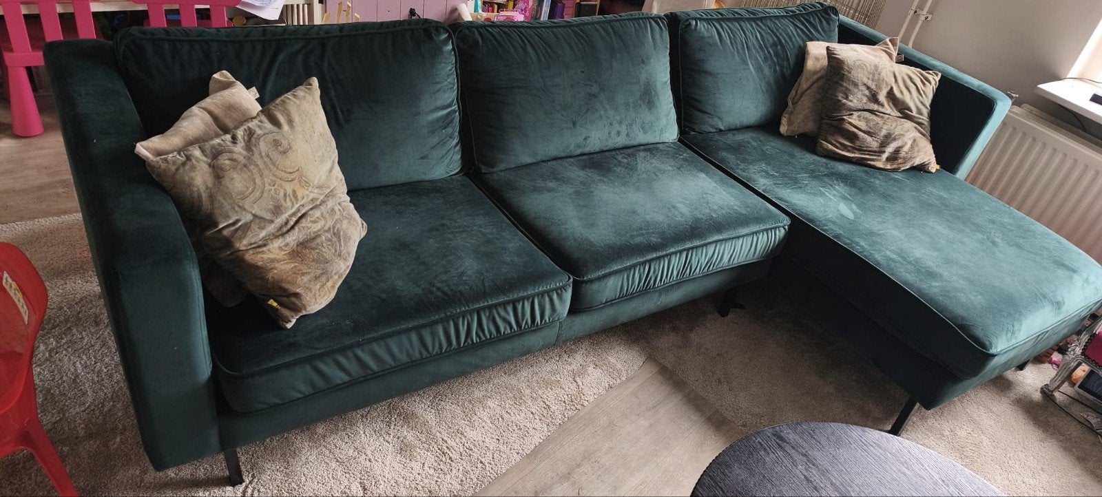 Groene hoekbank met eiland - Comfortabel en ruim, Ophalen, 250 tot 300 cm, Gebruikt, Hoekbank