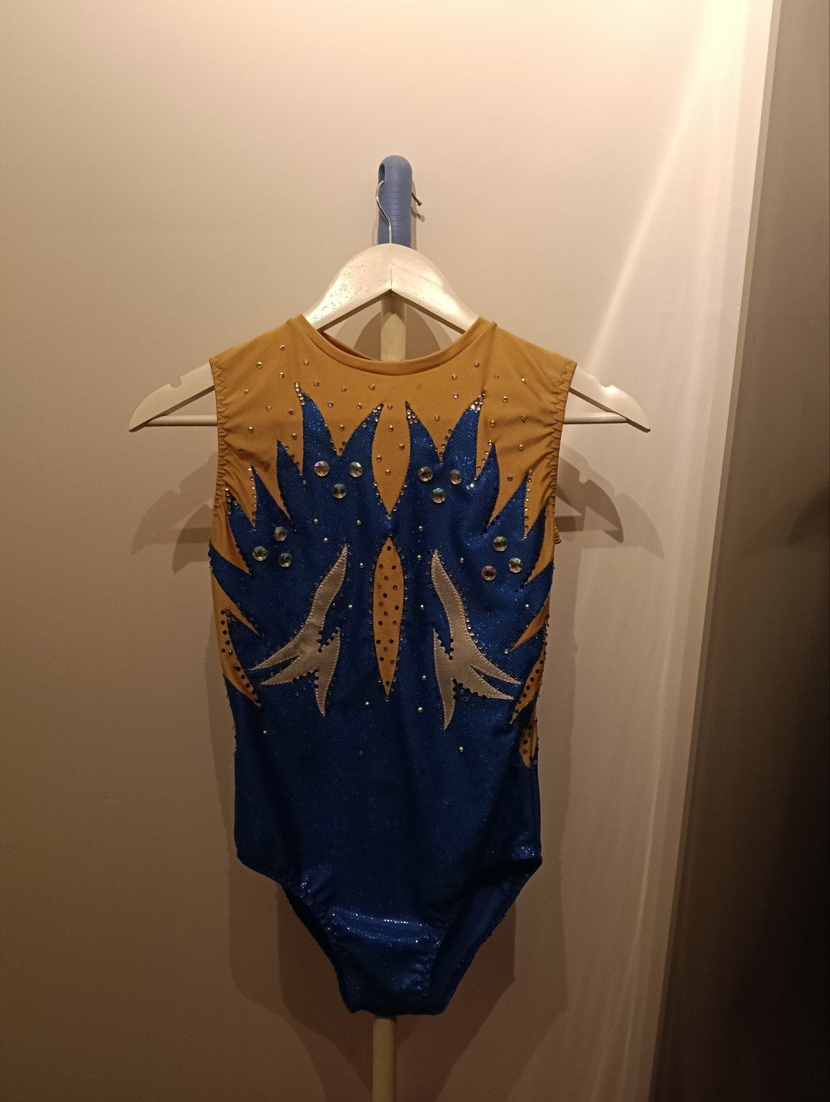 Turnpakje goud/blauw met glitters - Zo goed als nieuw, Ophalen of Verzenden, Maat 34 (XS) of kleiner, Goud, Fitness of Aerobics