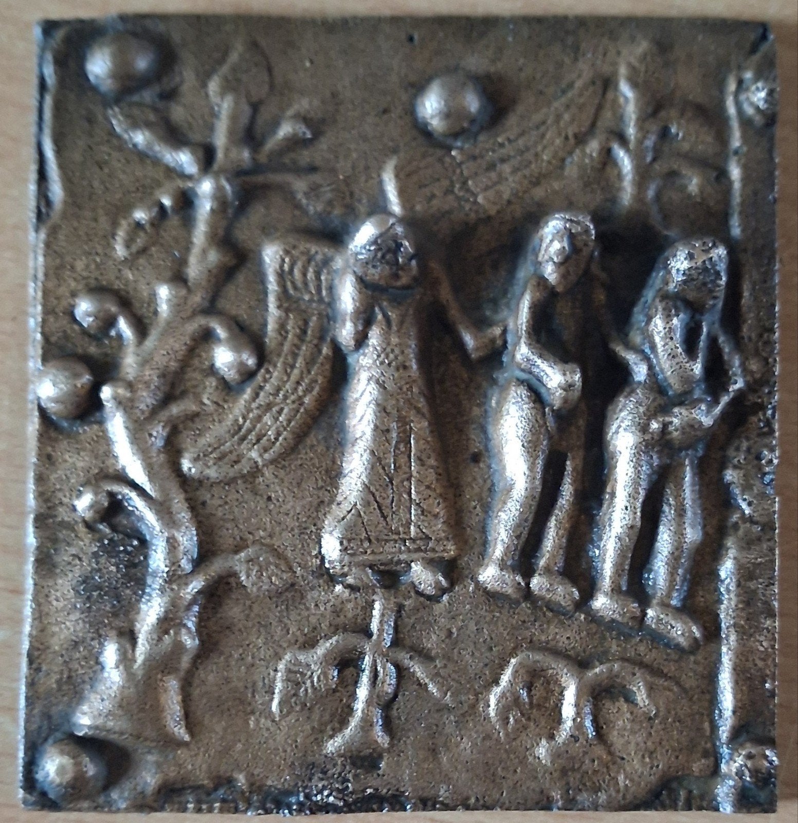 Paradijs. Adam & Eva. Bronzen plaquette. 8/8.5 cm., Ophalen, Zo goed als nieuw, Overige typen, Christendom | Katholiek