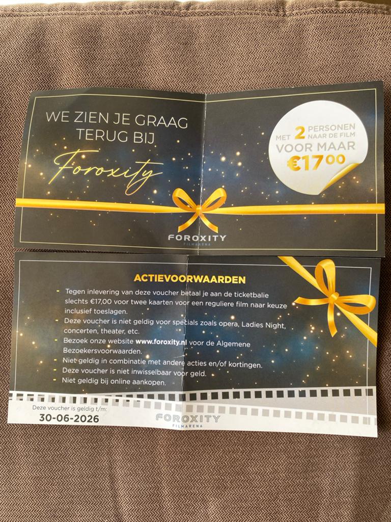 Korting 2p voor 17€ naar Bios Foroxity Roermond/Sittard, Twee personen, Vrijkaartje specifieke film