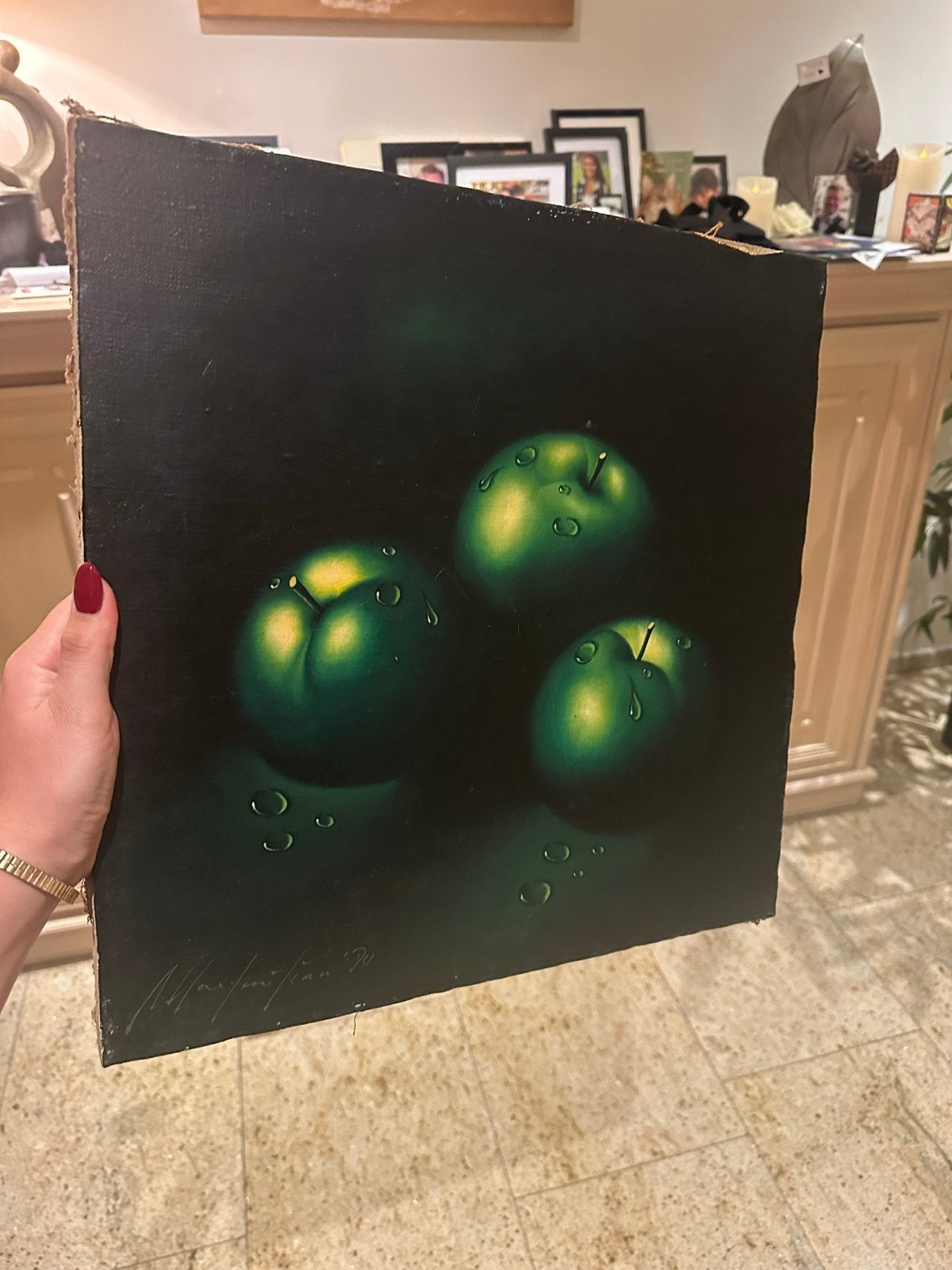 Vintage realistisch olieverfschilderij: Groene appels, Ophalen, Gedateerd, Doek, Realistisch