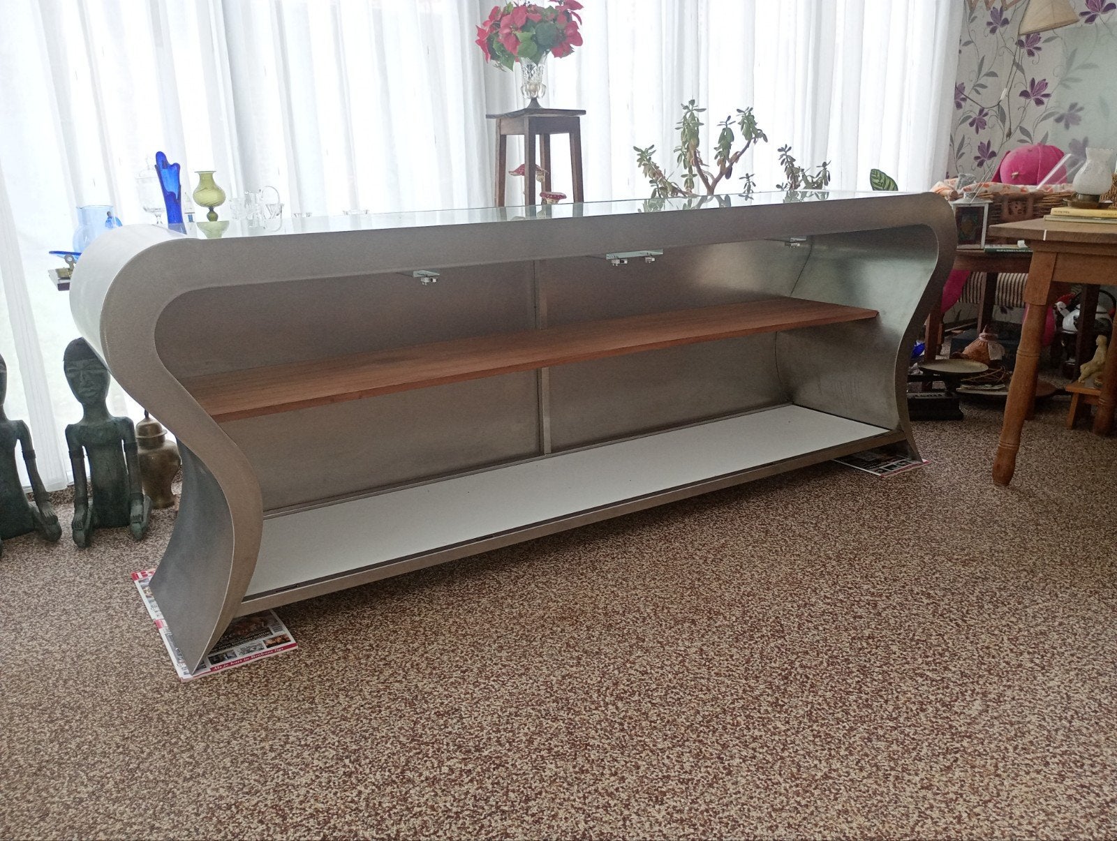 Hans Kolpa Wave Design dressoir RVS met glazen blad - uniek, Ophalen, 200 cm of meer, Glas, Modern design, Kunstzinnig