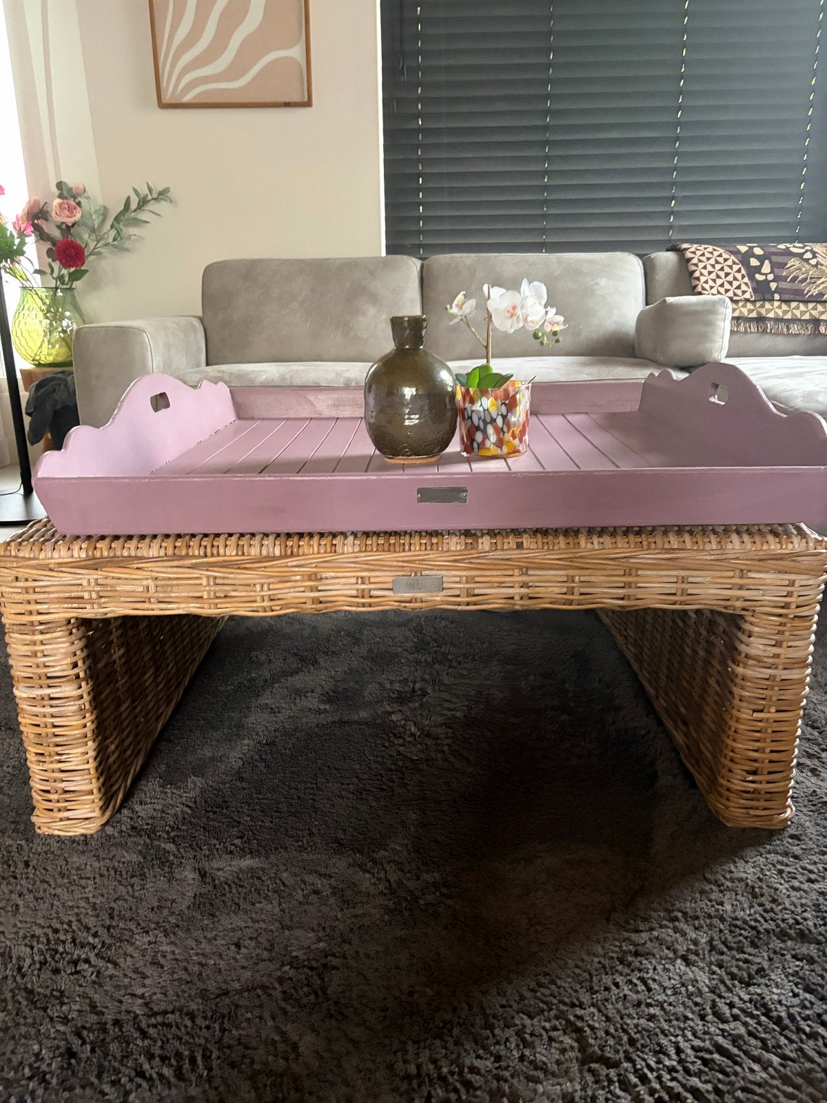 Lifestyle Salon Tafel Riet met Oversized Dienblad (100x100), Ophalen, Overige materialen, 50 tot 100 cm, Zo goed als nieuw
