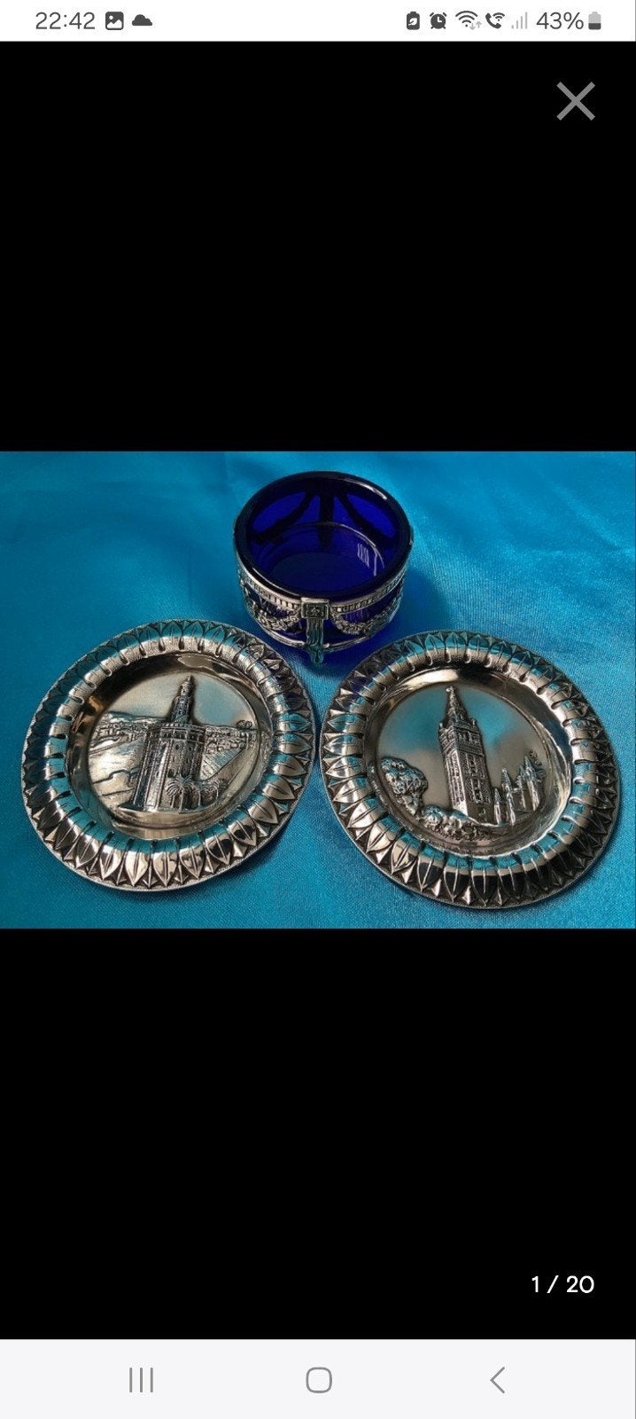 Vintage zilveren onderzetters met kobaltblauw zoutvaatje, Antiek en Kunst, Antiek | Goud en Zilver, Ophalen of Verzenden