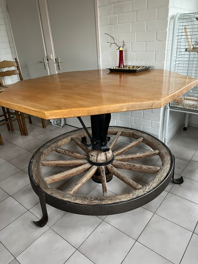 Hoge eettafel (statafel) authentiek wagen-/karrenwiel, Huis en Inrichting, Ophalen, Gebruikt, Rustiek, Eikenhout