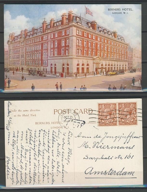 UK Engeland 1928 London Berners Hotel Ansichtkaart 1018 jdu, Verzenden, 1920 tot 1940, Gelopen, Engeland