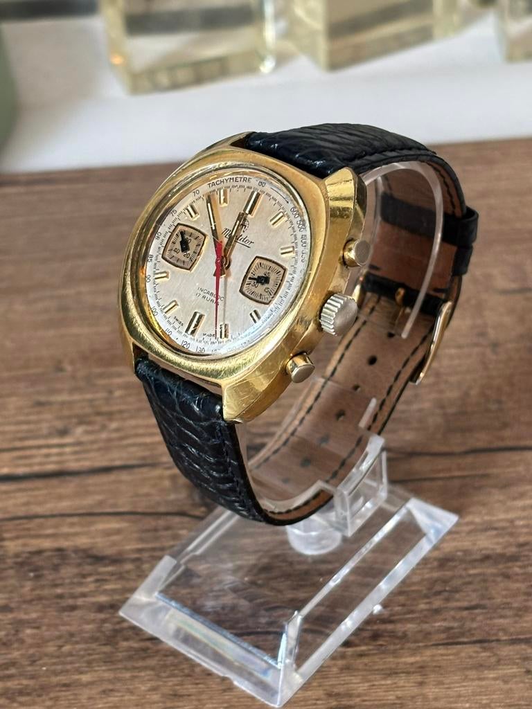 Vintage montdor chronograaf 38mm, valjoux landeron werkend!, Ophalen of Verzenden, Staal, Overige merken, 1960 of later