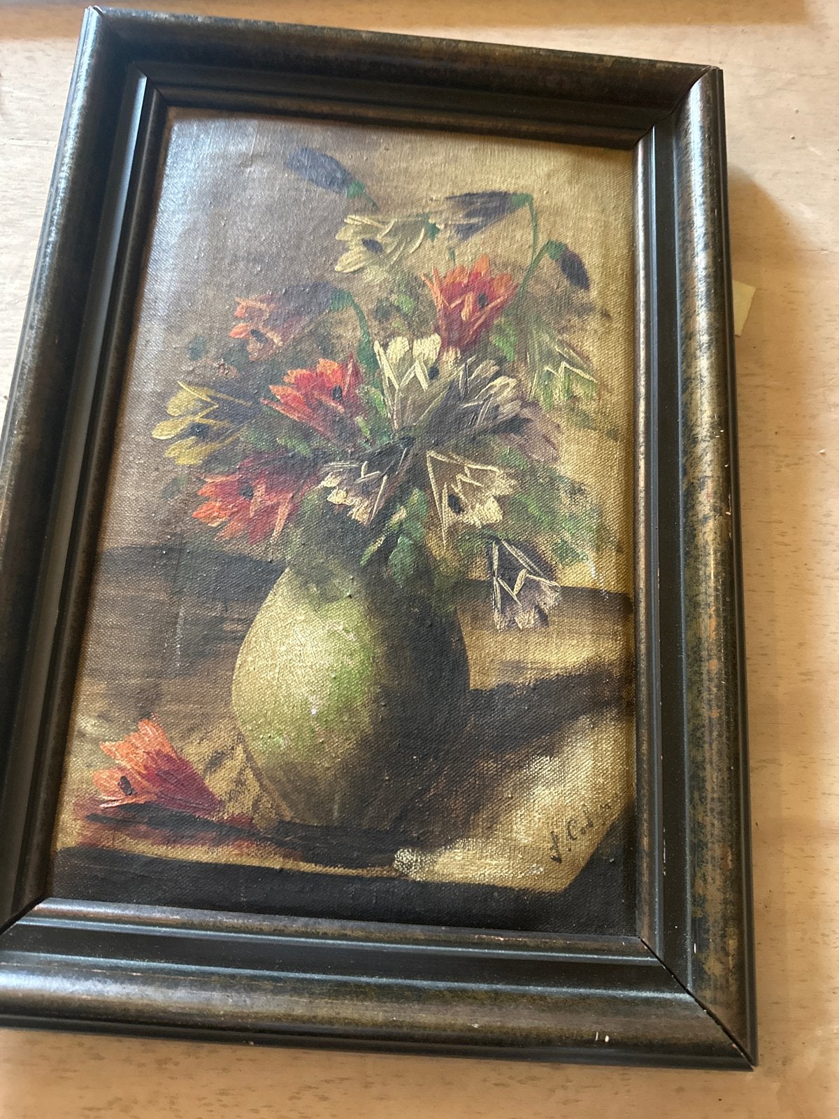 Vintage olieverfschilderij bloemenvaas, gesigneerd, Ophalen of Verzenden