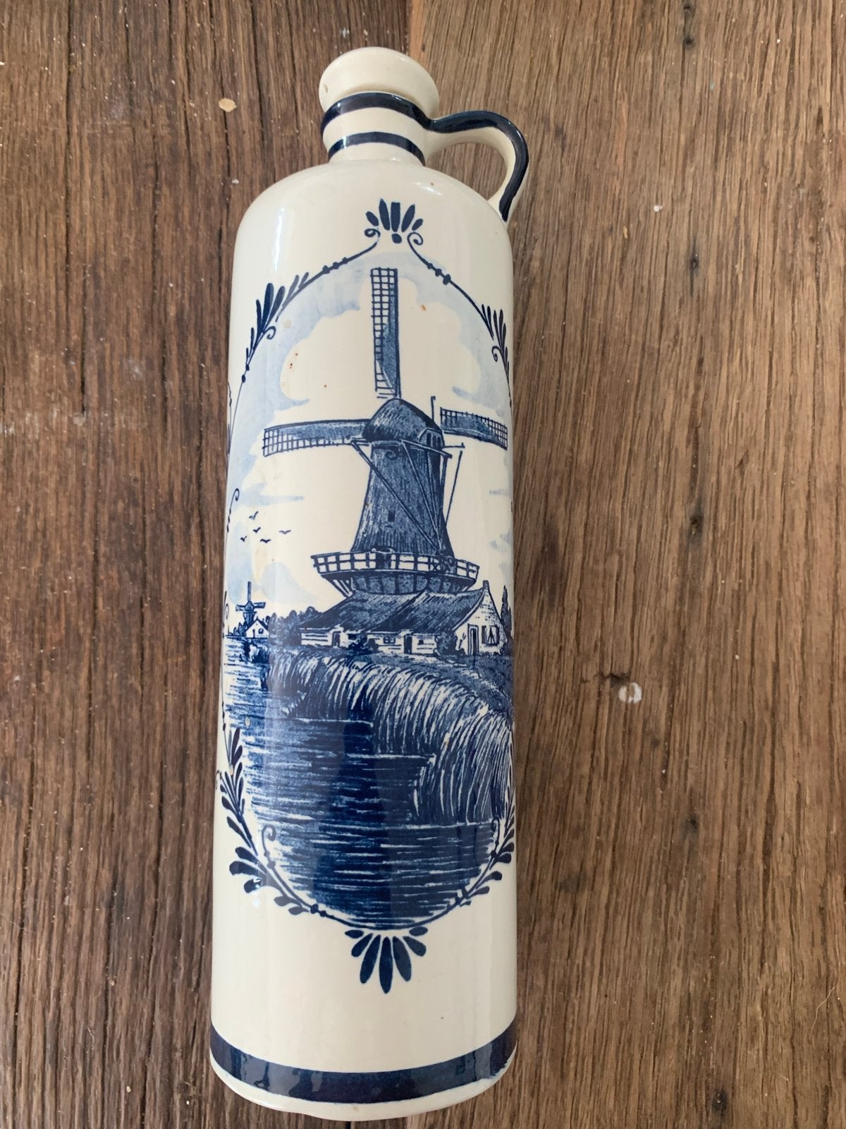 Vintage Delfts Blauw Fles met Molen en Bloemen Decor, Antiek en Kunst, Ophalen of Verzenden