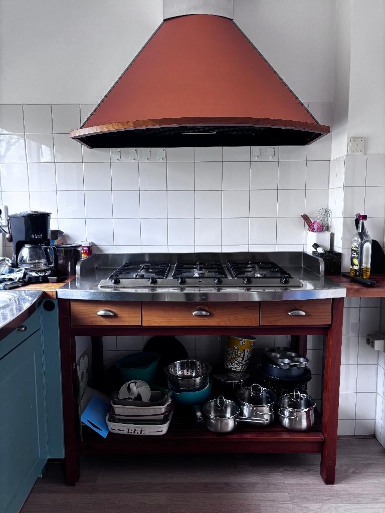 Foster gasfornuis 6 pits met design afzuigkap, Ophalen, Gebruikt, 60 cm of meer, Gas