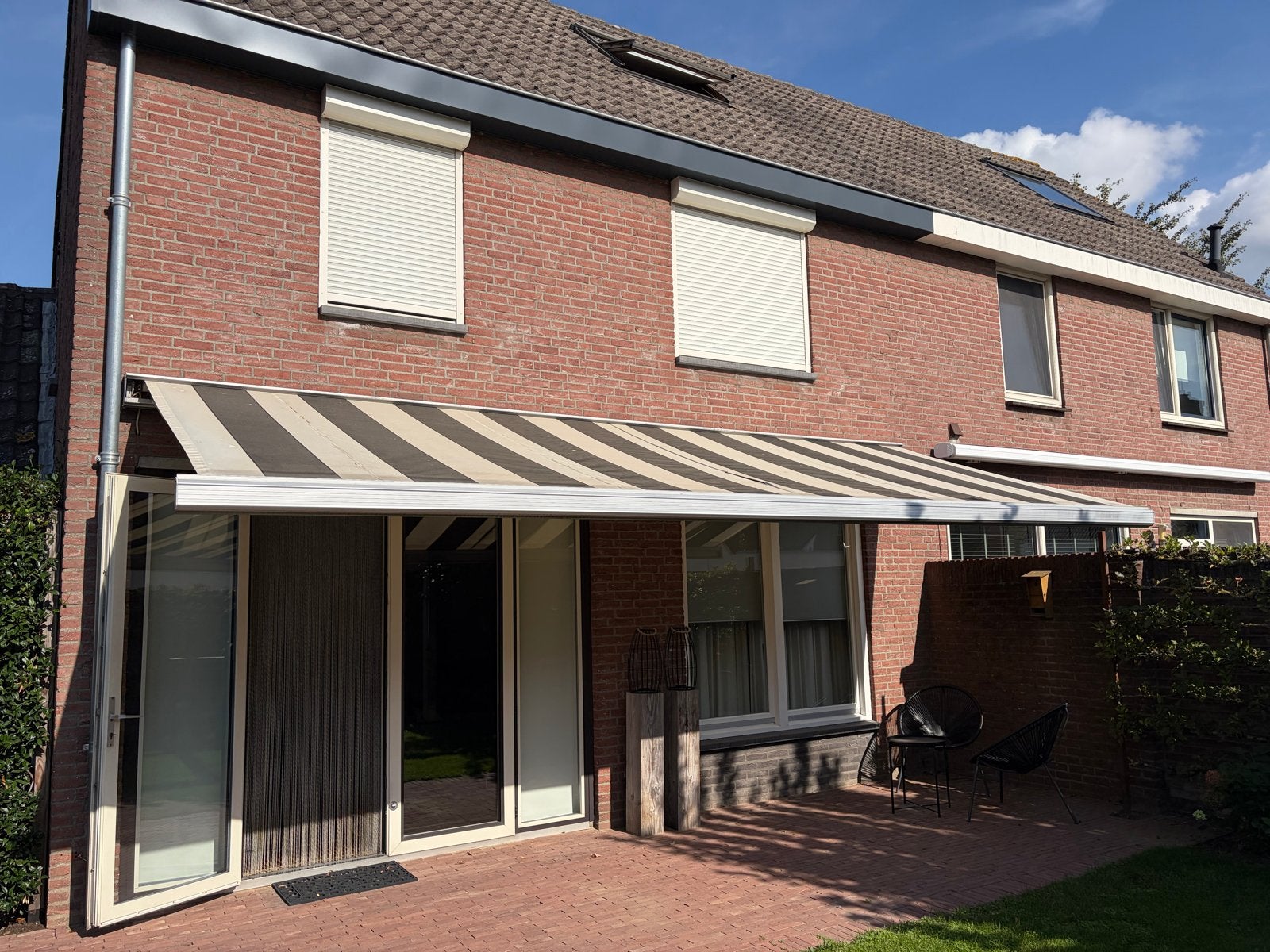Knikarmscherm - Zwart/Wit gestreept 7 meter, Tuin en Terras, Ophalen, Gebruikt, 450 cm of meer, Elektrisch