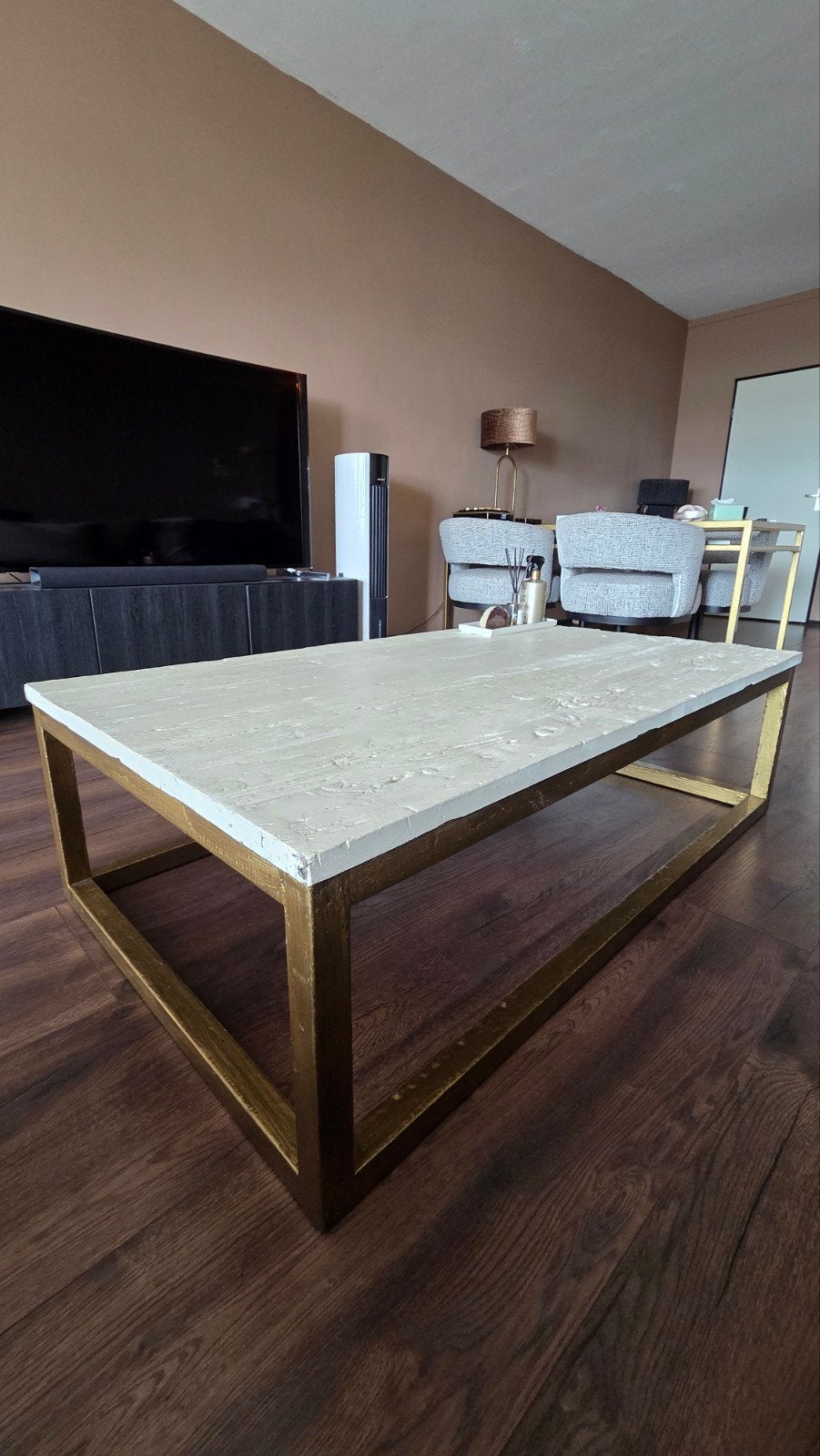 Salontafel Hout 140x80 Crème wit beige goud, Ophalen, Gebruikt, 100 tot 150 cm, 50 tot 100 cm