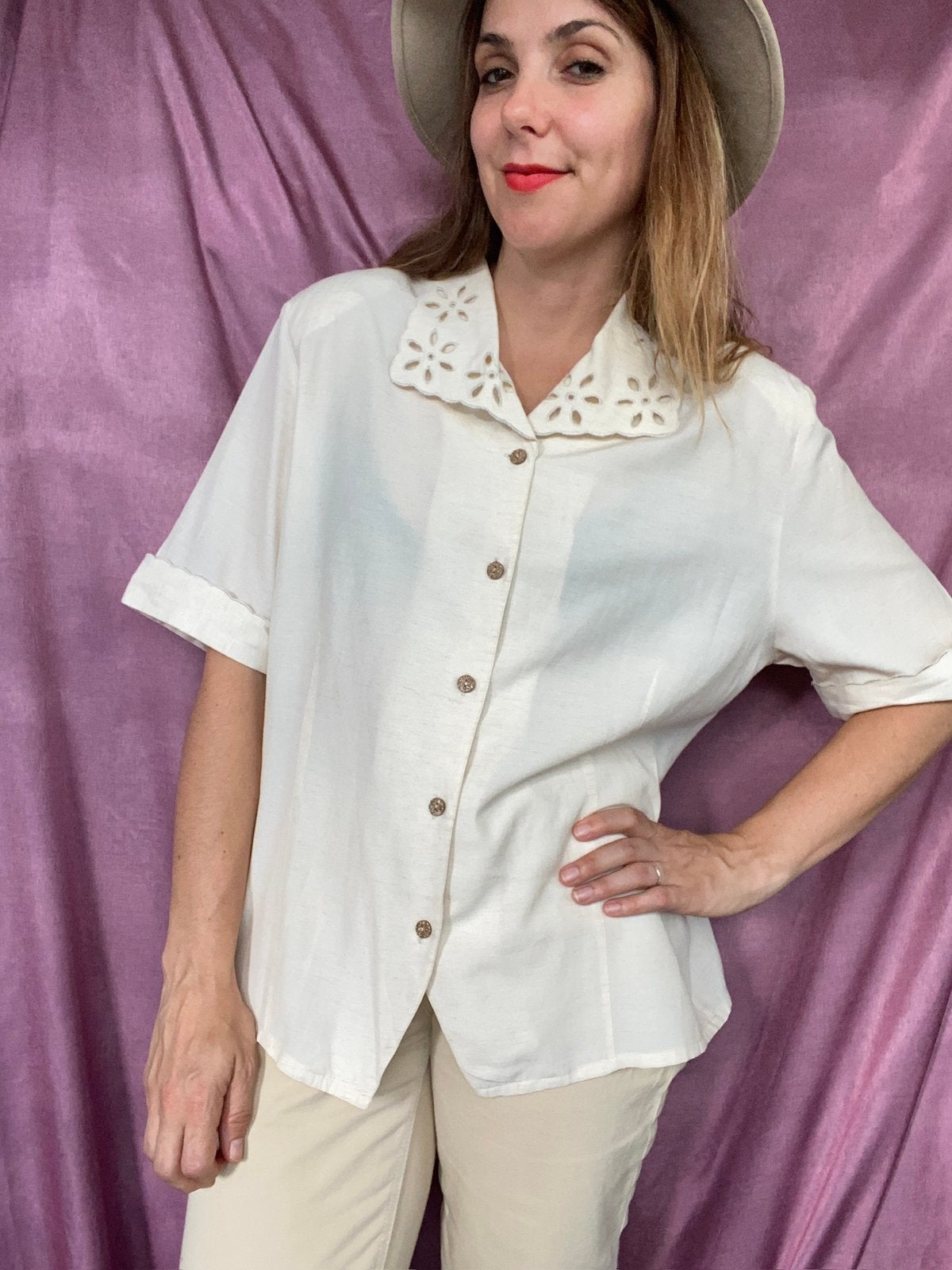Vintage blouse / shirt - kraag - crème - 46 of oversized, Hgv, Beige, Hgv, Maat 46/48 (XL) of groter