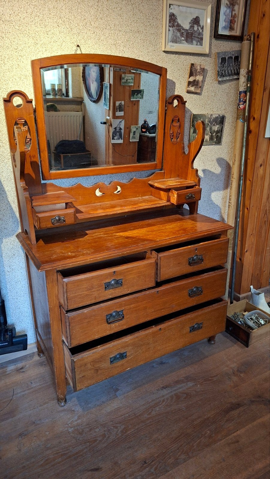 Brocante vintage oude kaptafel ladekast met spiegel., Ophalen, Gebruikt, 50 tot 100 cm, Minder dan 100 cm